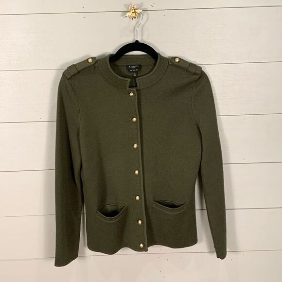 Talbots petite 100% merino wool army green military style button down cardigan - Picture 1 of 8